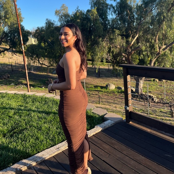 Chocolate brown strapless bodycon ruched mesh maxi dress. - Picture 2 of 6